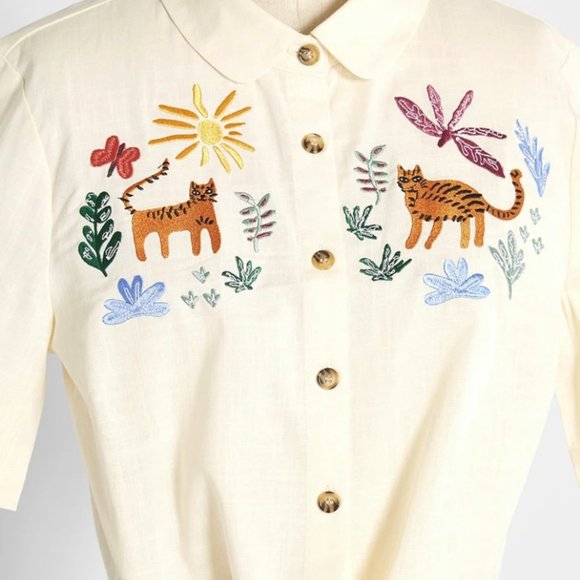 NWT Modcloth Safari Sun Chasers blouse w/ embroiderd tigers, women's size large - Picture 3 of 16